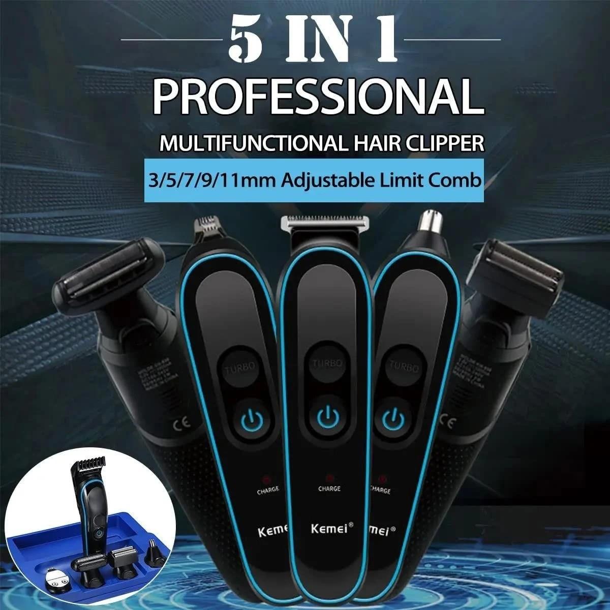 Kemei KM-690 professional rechargeable electric hair clipper 5 in 1 - Black blue