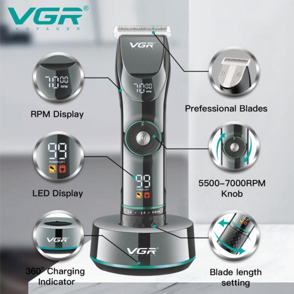 V-256 - Professional rechargeable electric hair clipper for men from VGR - Black - 6 cutting combs — image 2
