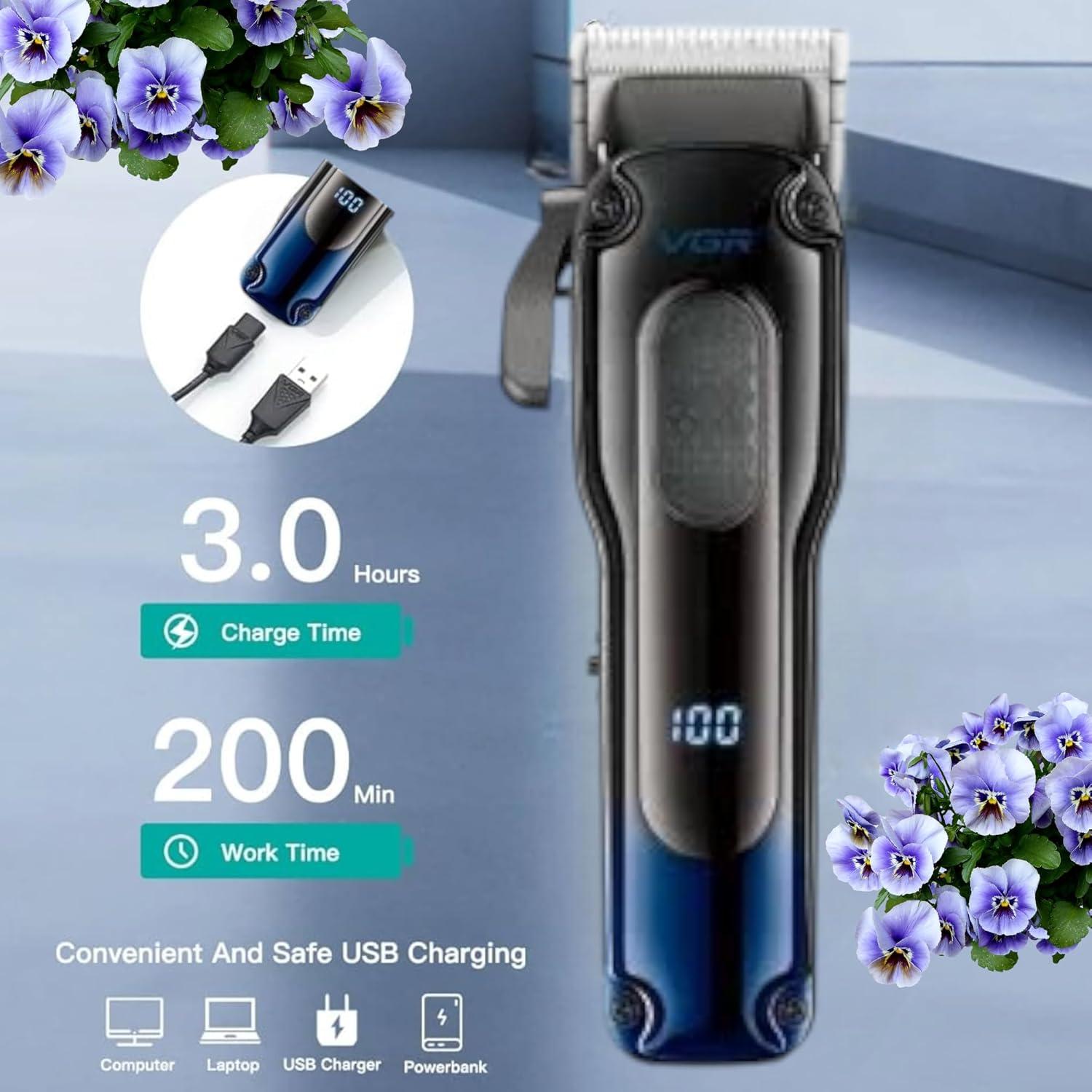 VGR V-013 Professional Electric Hair Clipper for Men - Rechargeable, with Stainless Steel Blades, 12 Length Settings, LED Display