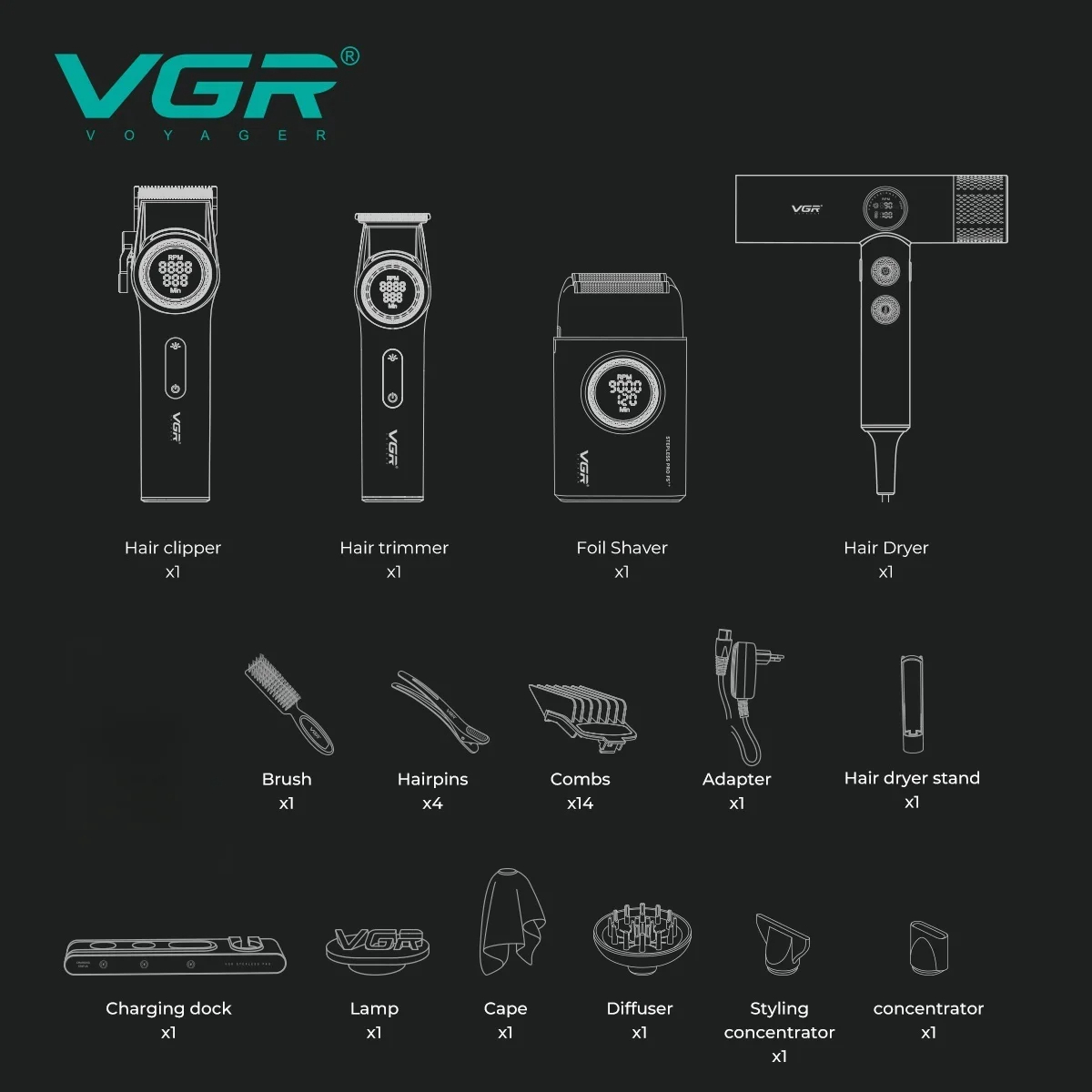 طقم في جي ار ستيلس برو 4 في 1 - VGR Stepless Pro 4-in-1 طقم أسود
