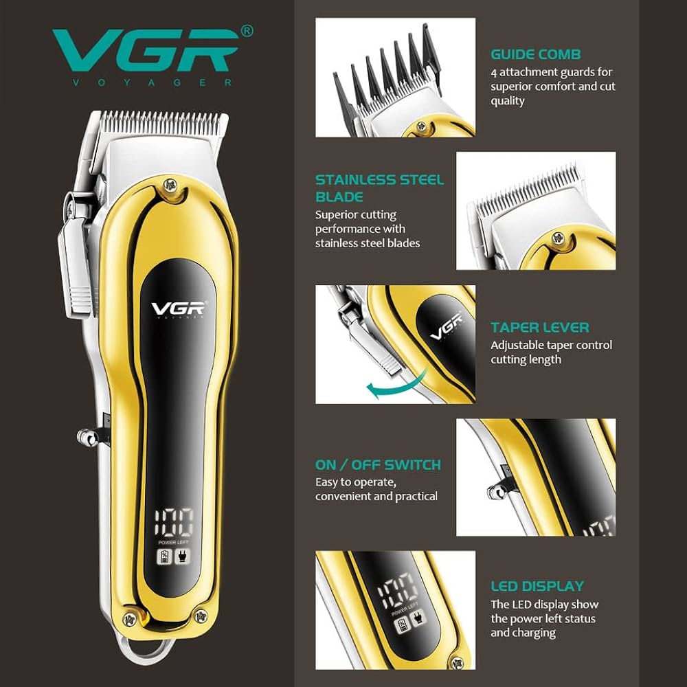 VGR Professional Hair Clipper - V-680 Model with Metal Design and LED Display