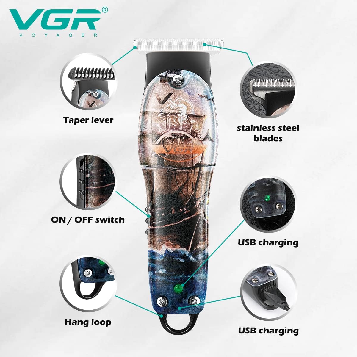 ماكينة حلاقة VGR للرجال - V-953 مكنه بشفرات ستانلس ستيل ومحرك 6000 RPM