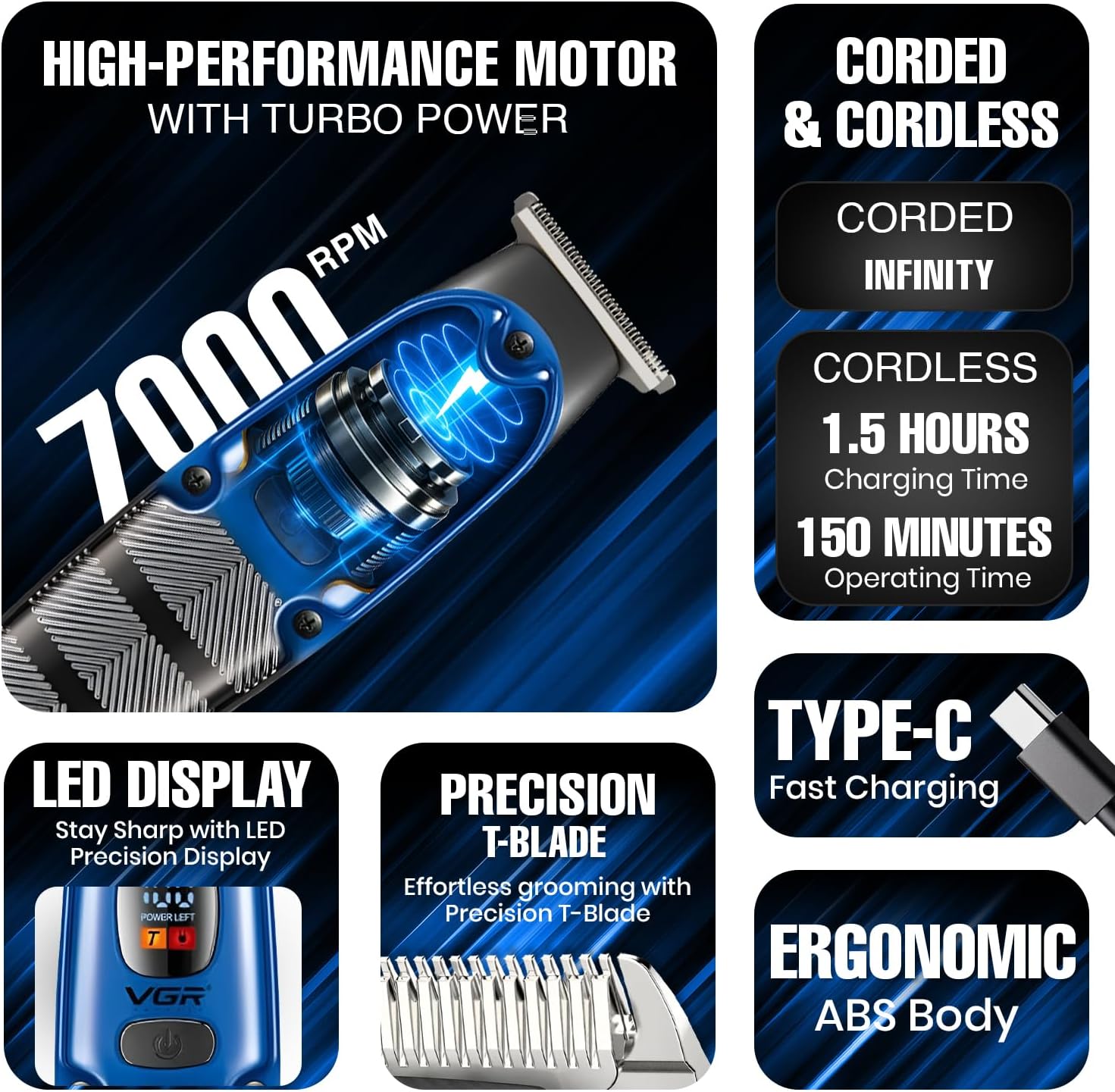 ماكينة حلاقة VGR التوربو - V-981 مكنه بشاشة LED و7000 لفة/دقيقة
