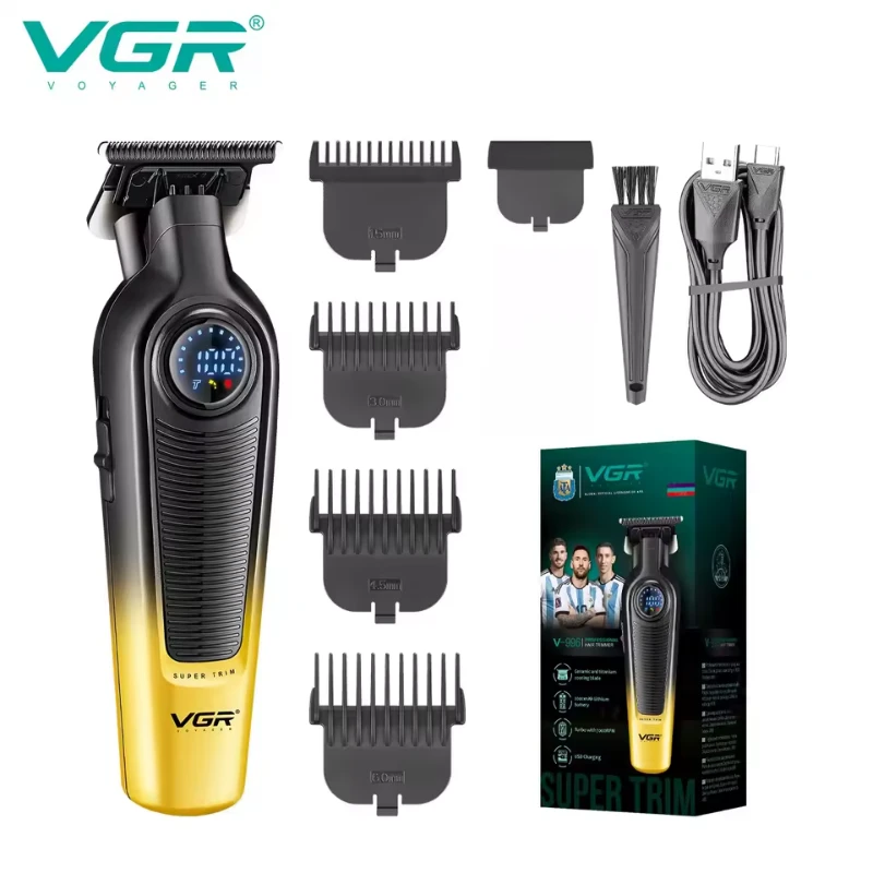 VGR T-Shaped Hair Clipper - V-996 Model with LED Display and 4 Attachments