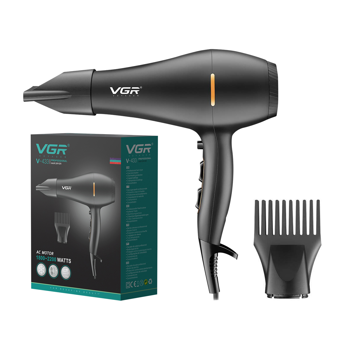 استيشوار VGR V-433 أيوني احترافي - 2200 واط، تقنية الأيونات السالبة، 2 ملحق (مكثف وموزع)، خفيف الوزن ومضاد للتجعد