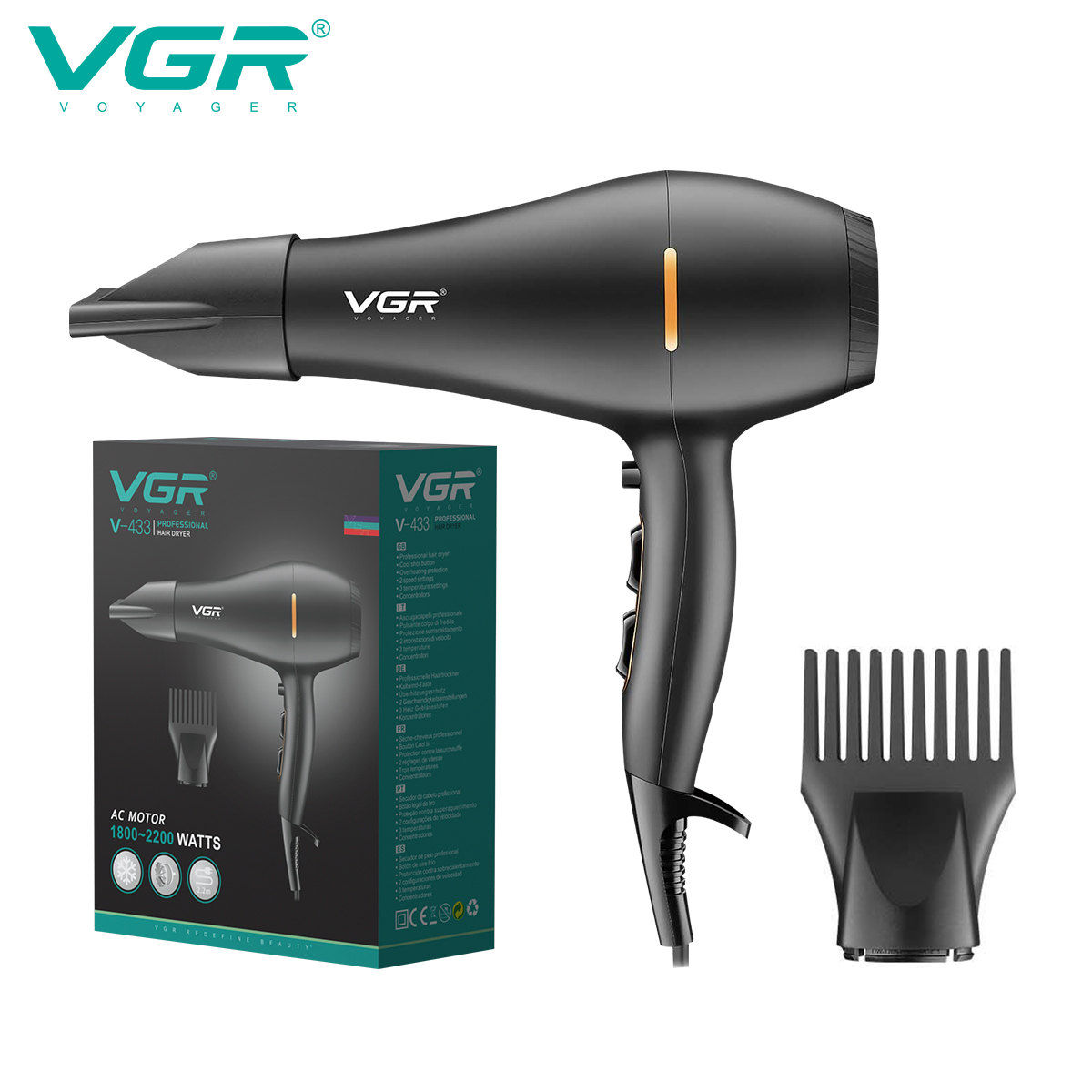 VGR V-433 ionic professional hair dryer - 2200 watts, negative ion technology, 2 attachments (concentrator and diffuser), lightweight and anti-frizz