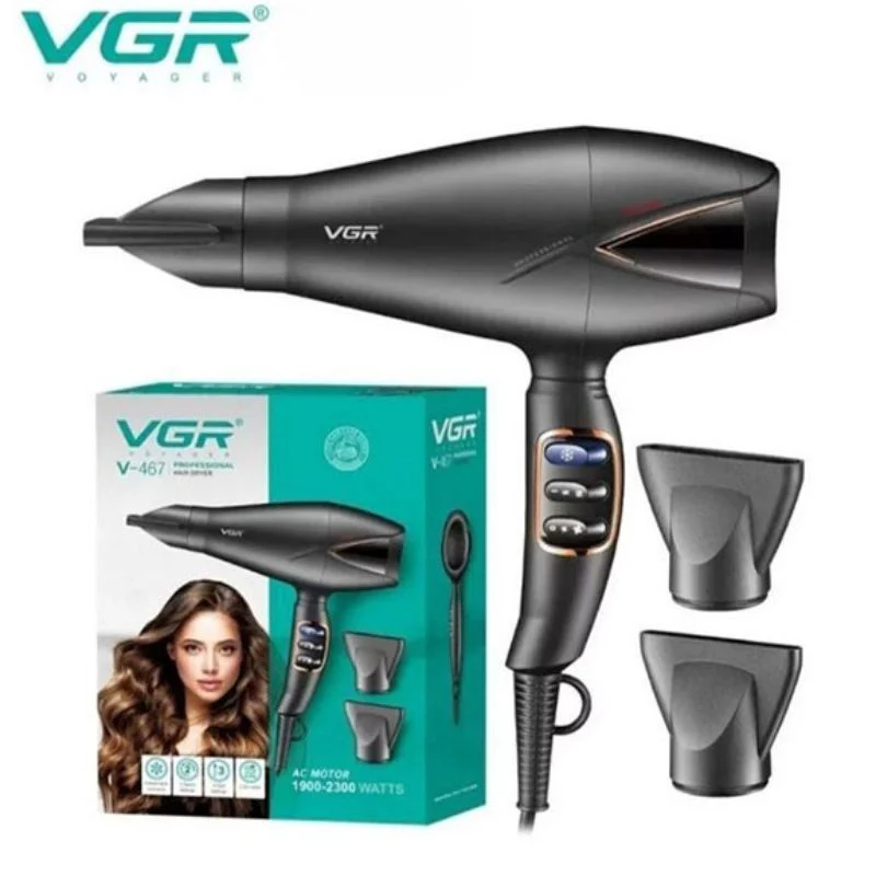 VGR V-467 Professional Hair Dryer - Quiet DC motor, 2 heat settings/cool shot button, detachable nozzle, overheat protection, unique design