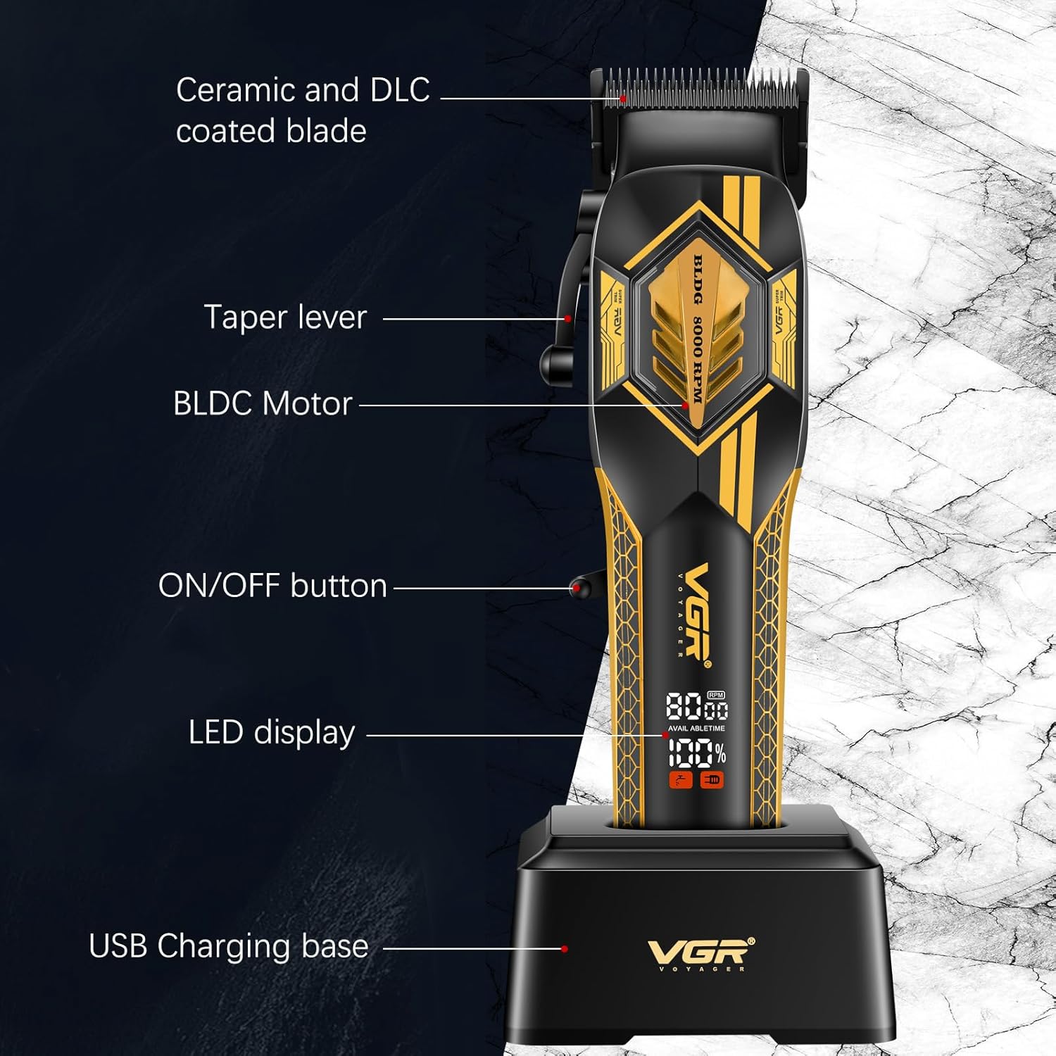 ماكينة حلاقة VGR V-119 الاحترافية للرجال - شفرات سيراميك DLC، محرك 8000 لفة/دقيقة، شاشة عرض، بطارية 180 دقيقة