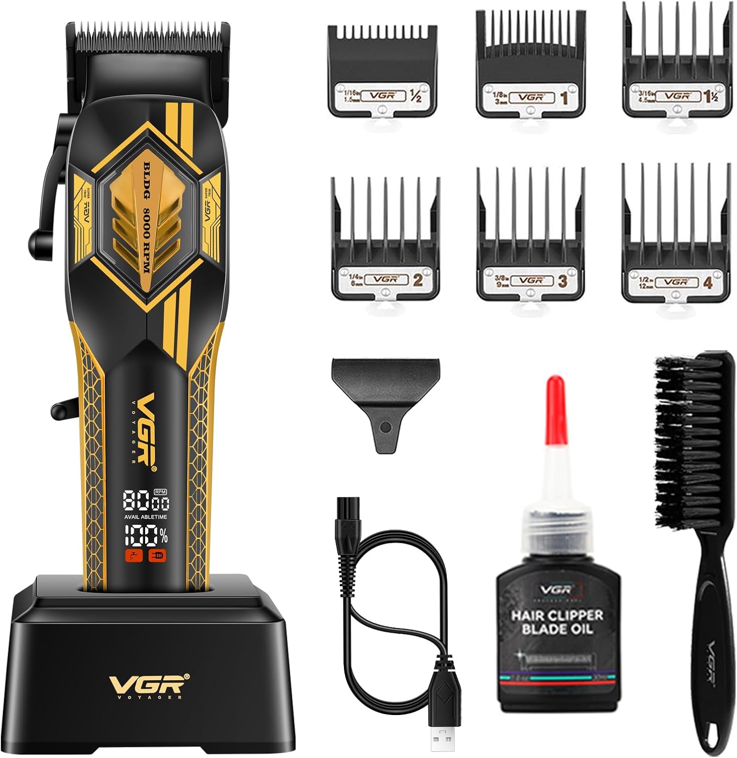 ماكينة حلاقة VGR V-119 الاحترافية للرجال - شفرات سيراميك DLC، محرك 8000 لفة/دقيقة، شاشة عرض، بطارية 180 دقيقة