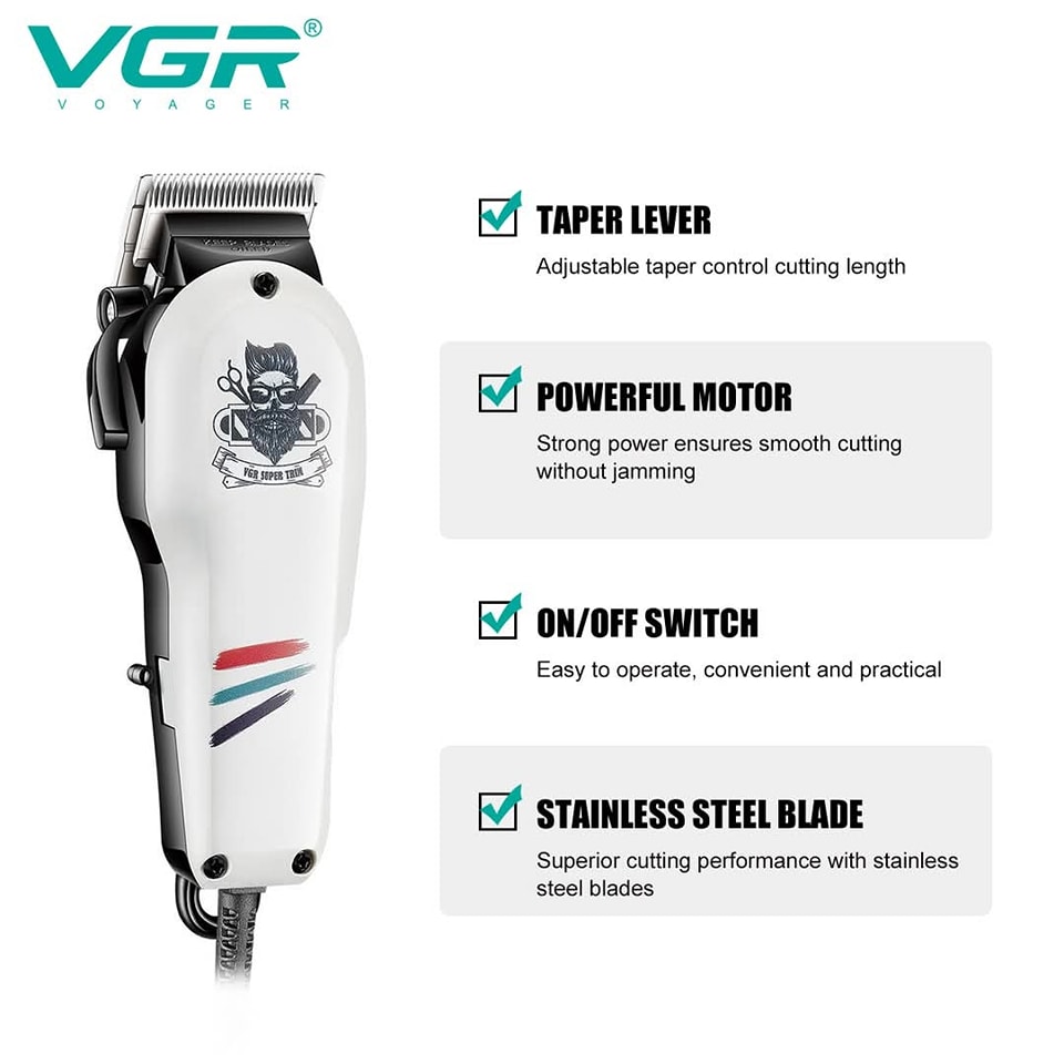 ماكينة حلاقة VGR V-129 السلكية الاحترافية - شفرات ستانلس ستيل، ضوضاء منخفضة، سلك 2.5 متر، تصميم أنيق مع ملحقات كاملة