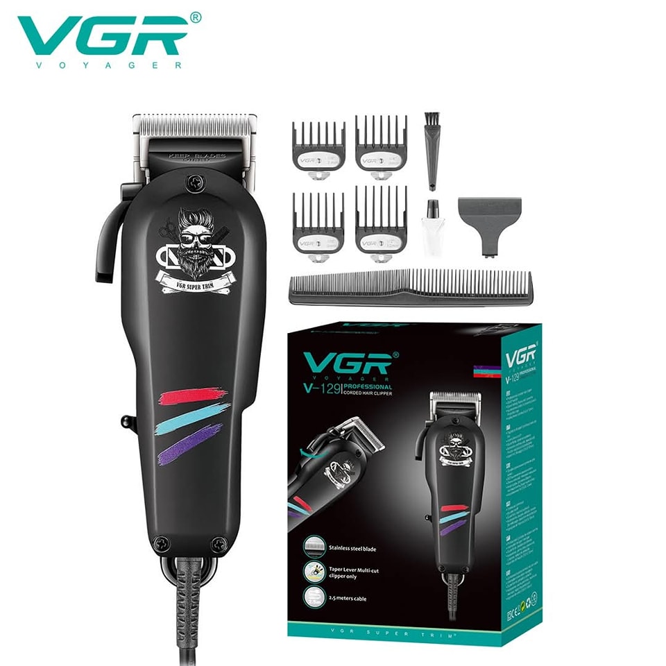 ماكينة حلاقة VGR V-129 السلكية الاحترافية - شفرات ستانلس ستيل، ضوضاء منخفضة، سلك 2.5 متر، تصميم أنيق مع ملحقات كاملة