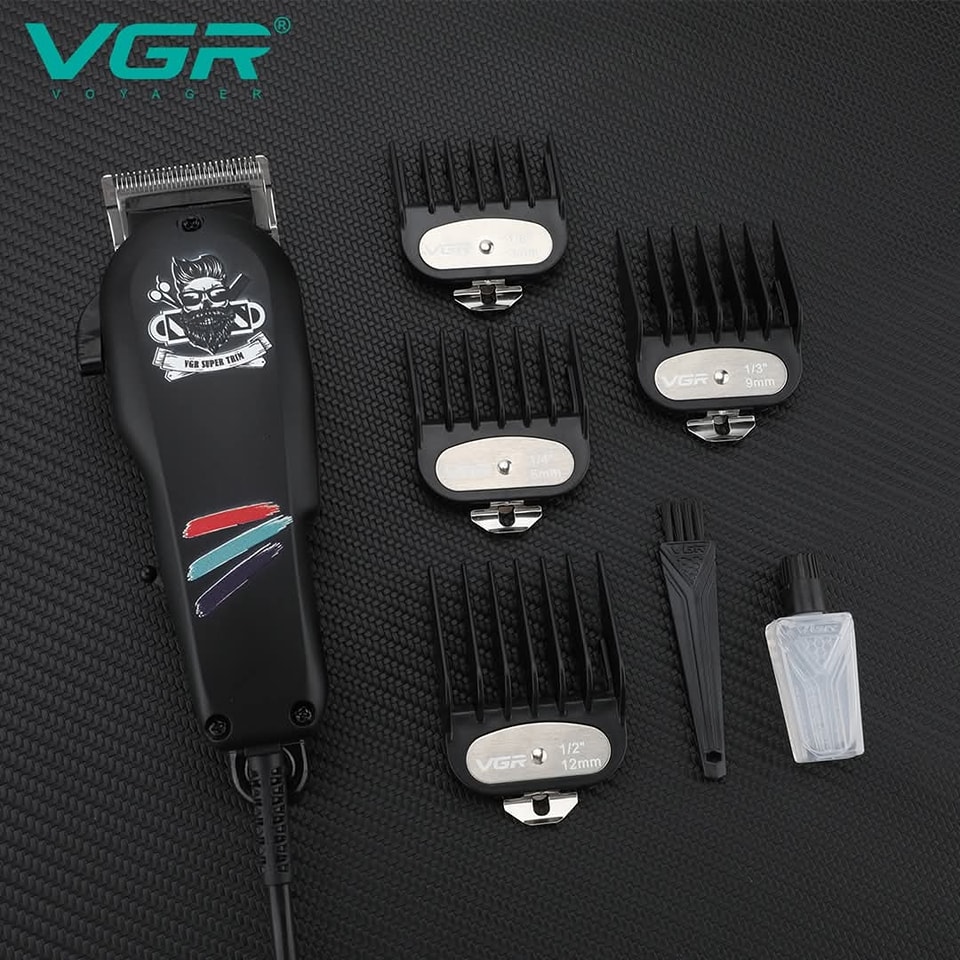 ماكينة حلاقة VGR V-129 السلكية الاحترافية - شفرات ستانلس ستيل، ضوضاء منخفضة، سلك 2.5 متر، تصميم أنيق مع ملحقات كاملة