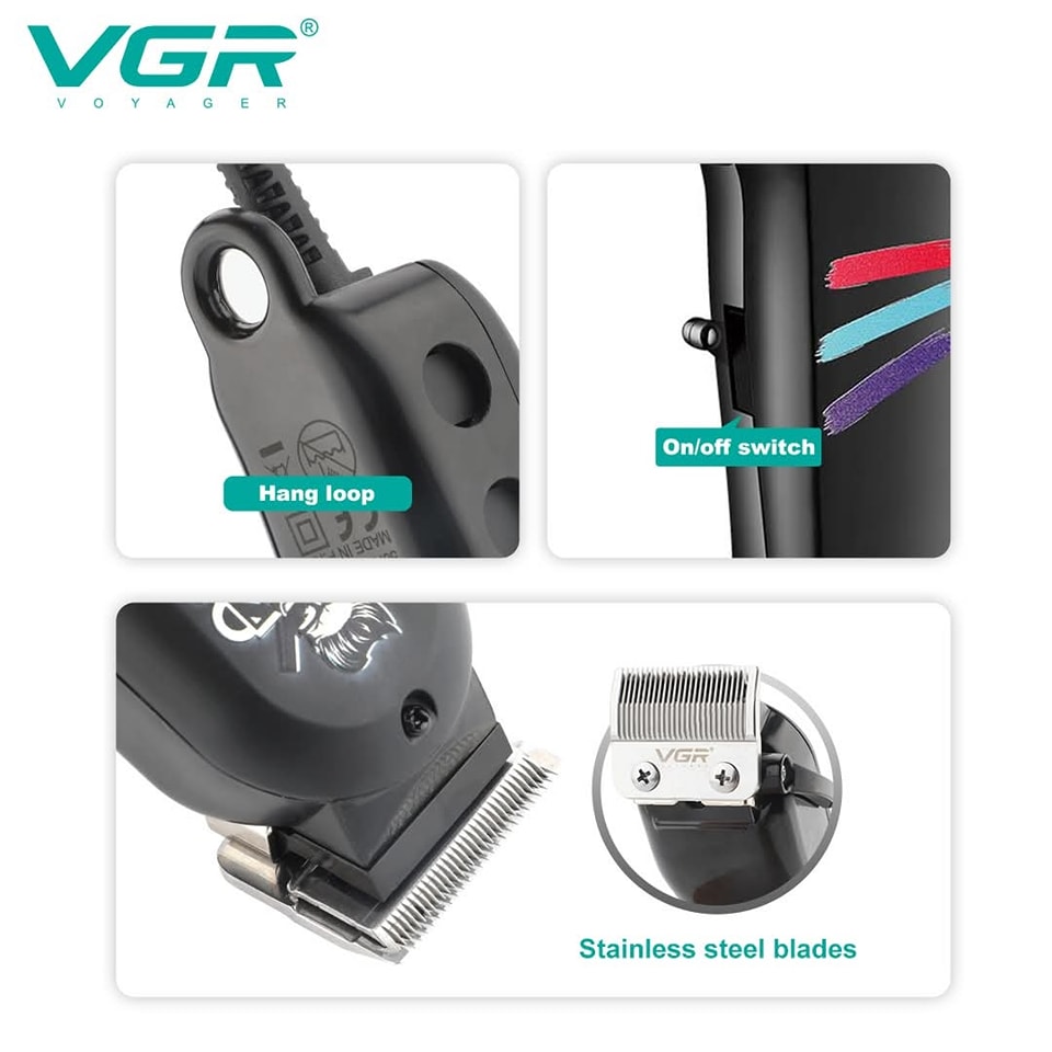 ماكينة حلاقة VGR V-129 السلكية الاحترافية - شفرات ستانلس ستيل، ضوضاء منخفضة، سلك 2.5 متر، تصميم أنيق مع ملحقات كاملة