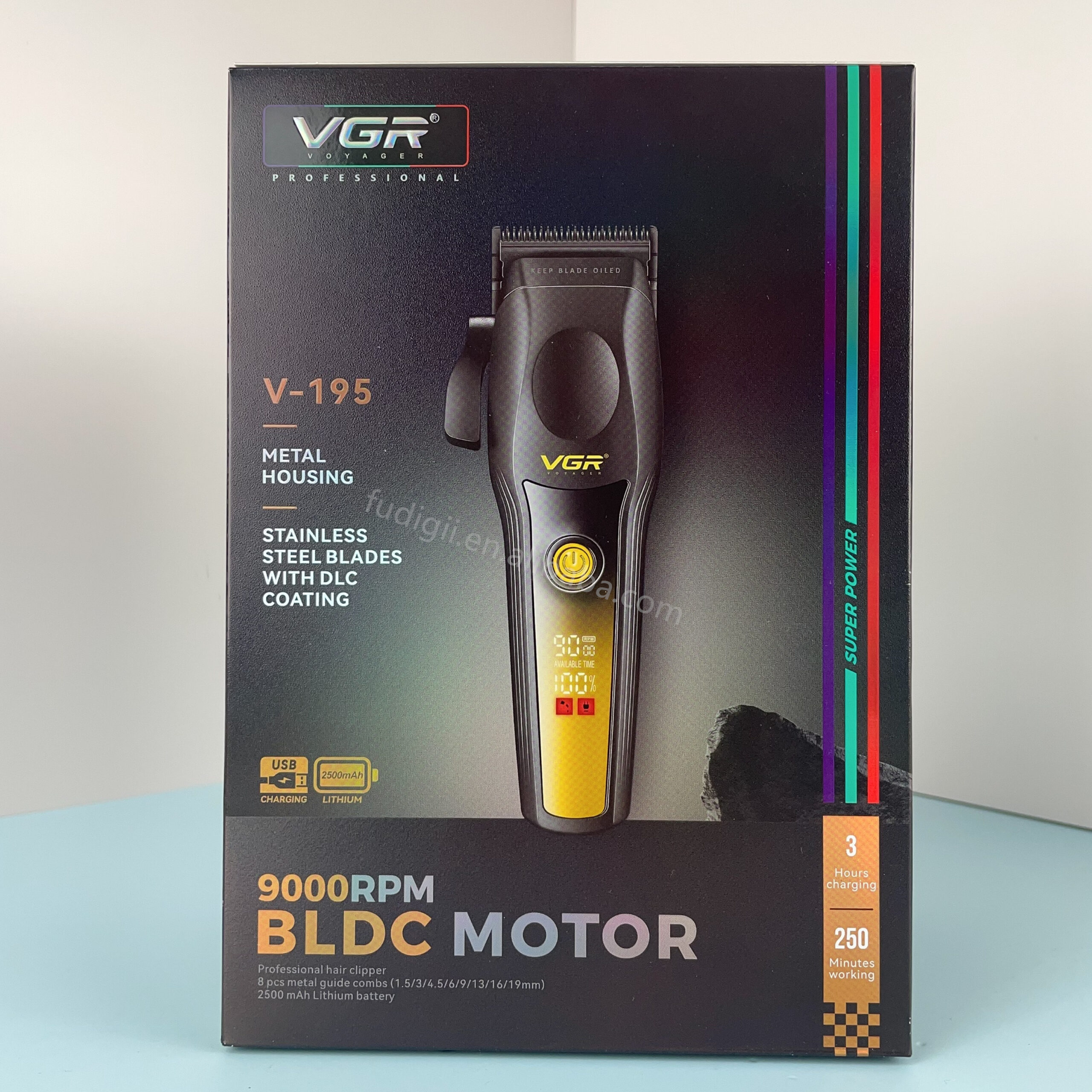 VGR V-195 Professional Hair Clipper with BLDC Motor - DLC Blades, 8 Metal Guide Combs, Smart LED Display, 250-Minute Battery