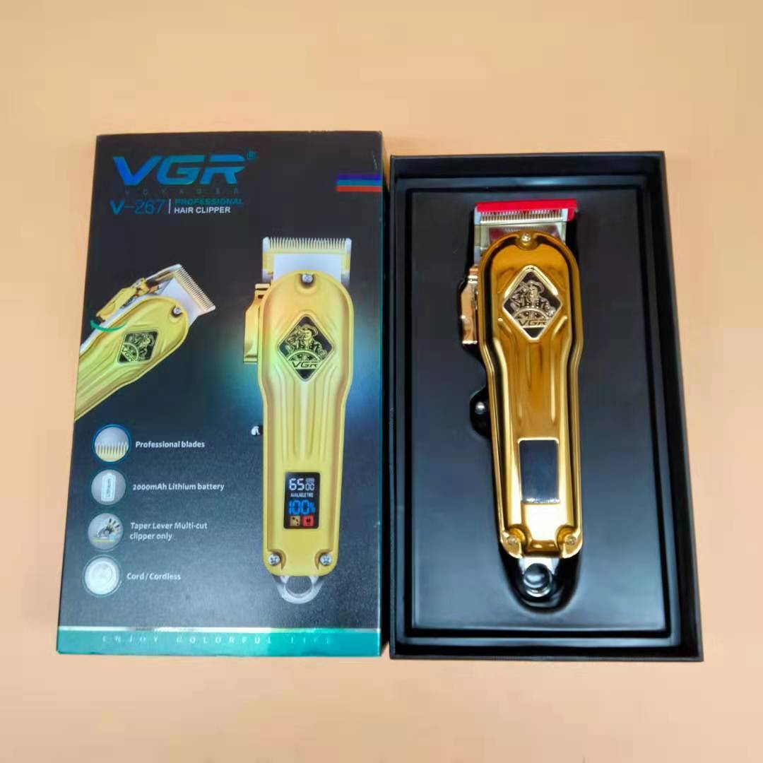 ماكينة حلاقة VGR V-267 الاحترافية الذهبية - لاسلكية معدنية، شاشة LED ذكية، بطارية 2000 مللي أمبير، 150 دقيقة عمل