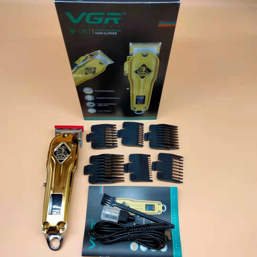 ماكينة حلاقة VGR V-267 الاحترافية الذهبية - لاسلكية معدنية، شاشة LED ذكية، بطارية 2000 مللي أمبير، 150 دقيقة عمل