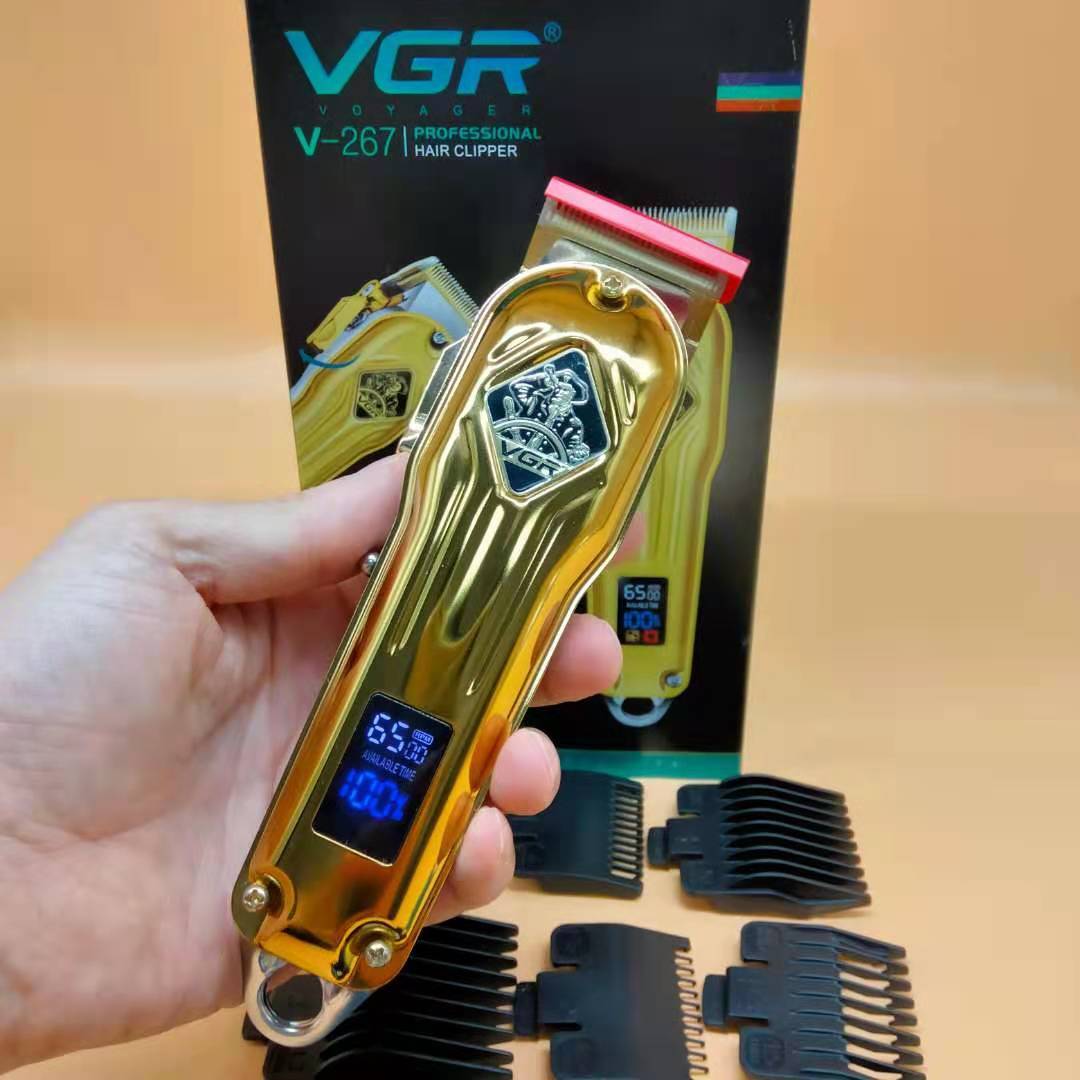 ماكينة حلاقة VGR V-267 الاحترافية الذهبية - لاسلكية معدنية، شاشة LED ذكية، بطارية 2000 مللي أمبير، 150 دقيقة عمل