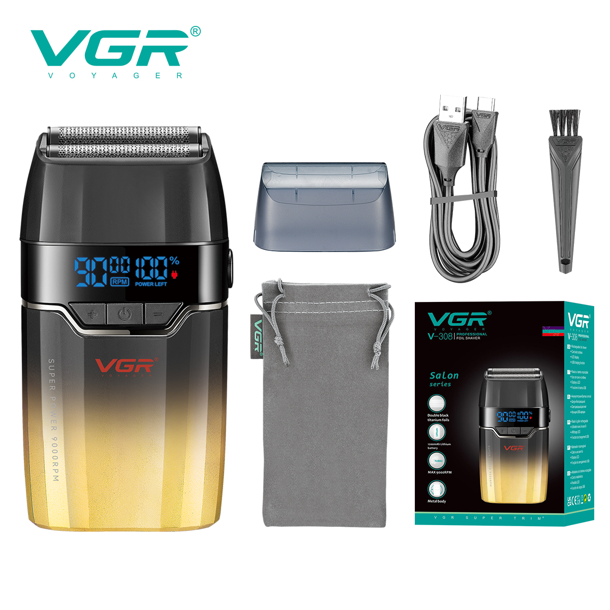 VGR V-308 Professional Trimmer for Men - 2 in 1 Dry and Wet, Dual Titanium Blades, 9000 RPM Motor, IPX7 Waterproof, LED Display