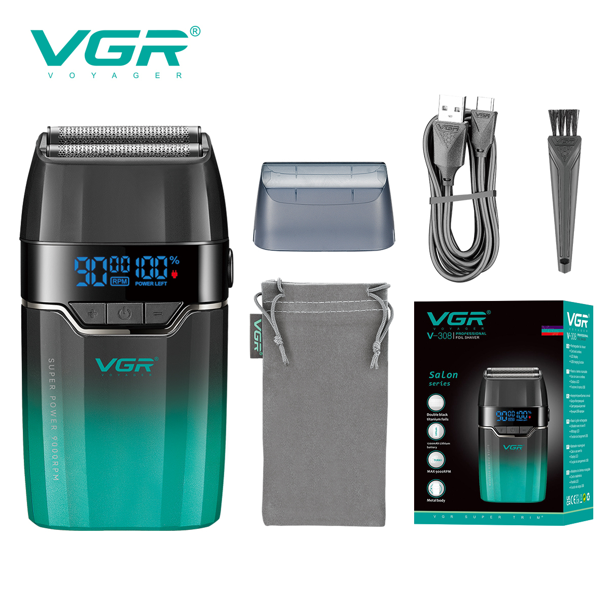 ماكينة تنعيم VGR V-308 الاحترافية للرجال - 2 في 1 جافة ورطبة، شفرات تيتانيوم مزدوجة، محرك 9000 RPM، مقاومة للماء IPX7، شاشة LED