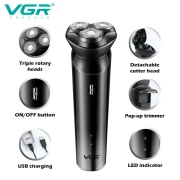 ماكينة حلاقة VGR V-312 المقاومة للماء - رأس خماسي مرن، شحن USB سريع، شاشة LED ذكية، حلاقة جافة ورطبة