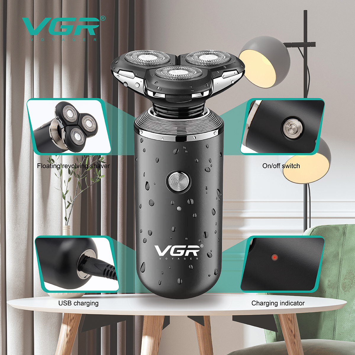 ماكينة حلاقة VGR V-317 اللاسلكية للذقن - رأس دوار ثلاثي الأبعاد، حلاقة رطبة وجافة، مقاومة للماء IPX6، شحن USB