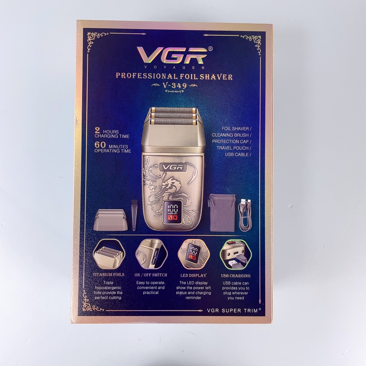 ماكينة حلاقة VGR V-349 الذهبية للرجال - لاسلكية بتقنية القطع برقائق التيتانيوم الثلاثية، شاشة LED، تصميم مريح
