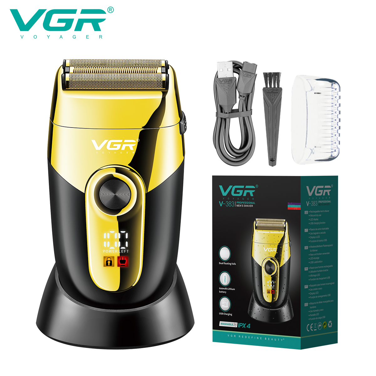 VGR V-383 Men's Hair Clipper - Professional, 0.02 mm Stainless Blade, 3 Speeds, IPX4 Waterproof, LED Display