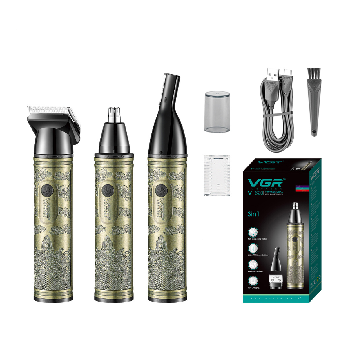 VGR-621 Gold Integrated Grooming Set - 4-in-1 for Face, Hair, Nose and Body, Fast Charging, 90 Minutes Runtime, Lightweight Metal Design