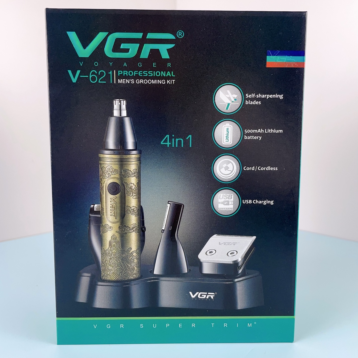 مجموعة حلاقة VGR-621 الذهبية المتكاملة - 4 في 1 للوجه والشعر والأنف والجسم، شحن سريع، 90 دقيقة تشغيل، تصميم معدني خفيف