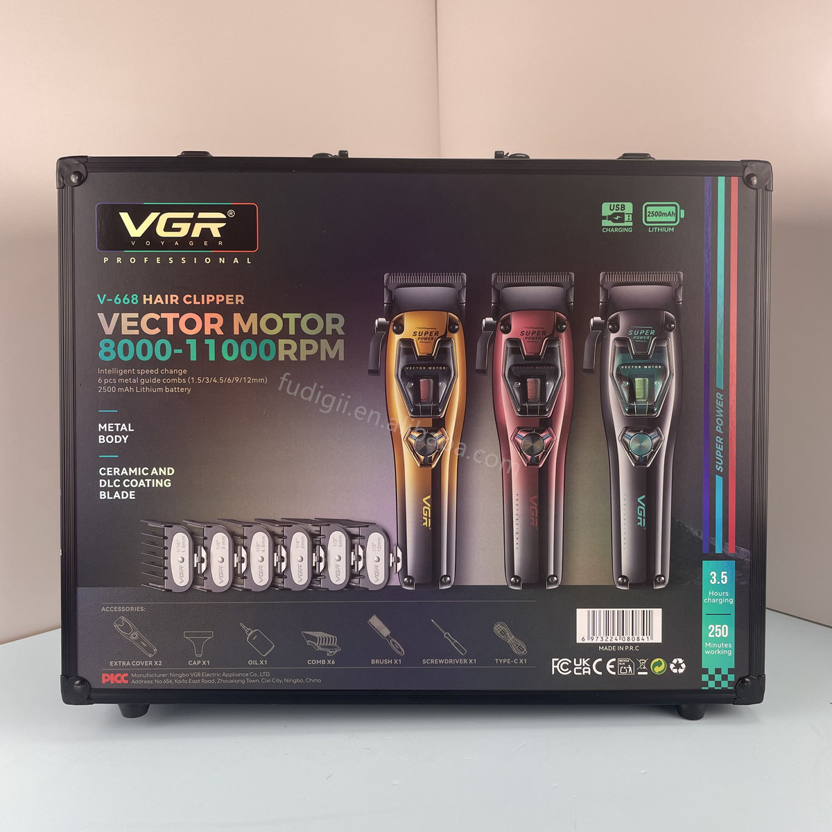 VGR V-668 Professional Hair Clipper - Wireless with Vector Motor 11000 RPM, DLC and Ceramic Blades, 250-Minute Battery, 6 Guide Combs