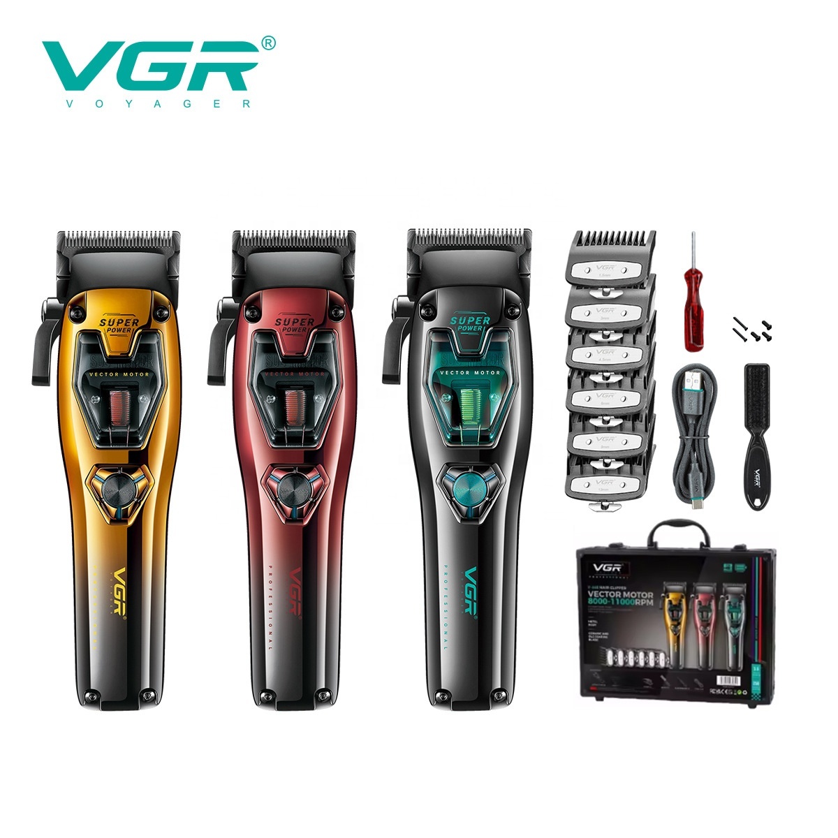 ماكينة قص شعر VGR V-668 الاحترافية - لاسلكية بمحرك فيكتور 11000 دورة/دقيقة، شفرات DLC وسيراميك، بطارية 250 دقيقة، 6 أمشاط توجيه