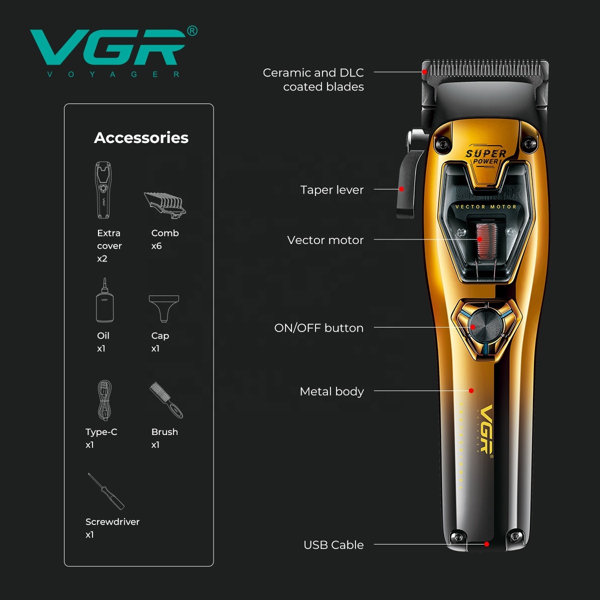 ماكينة قص شعر VGR V-668 الاحترافية - لاسلكية بمحرك فيكتور 11000 دورة/دقيقة، شفرات DLC وسيراميك، بطارية 250 دقيقة، 6 أمشاط توجيه