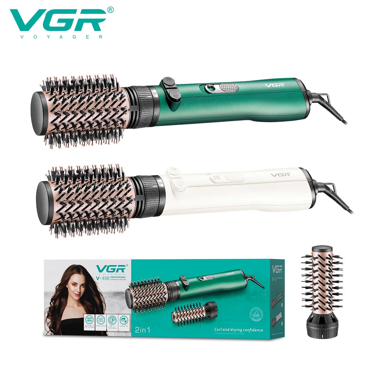 VGR V-498 Ionic Hair Dryer Brush - 3 in 1 for drying, straightening and curling hair, with ceramic coating and 360-degree rotating cord, for men and women