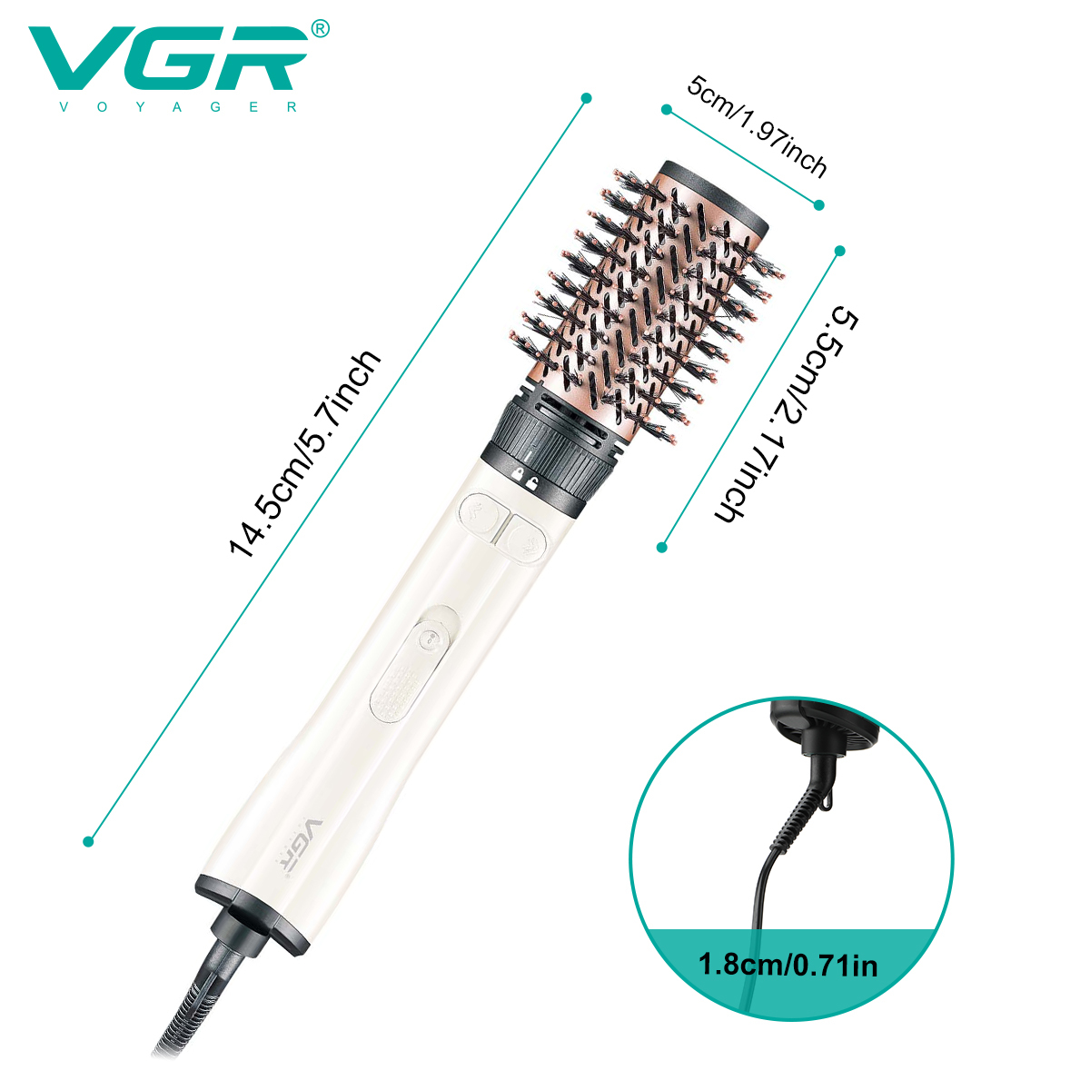 فرشاة مجفف شعر VGR V-498 الأيونية - 3 في 1 لتجفيف وتمليس وتجعيد الشعر، بطلاء سيراميك وسلك دوار 360 درجة، للرجال والنساء