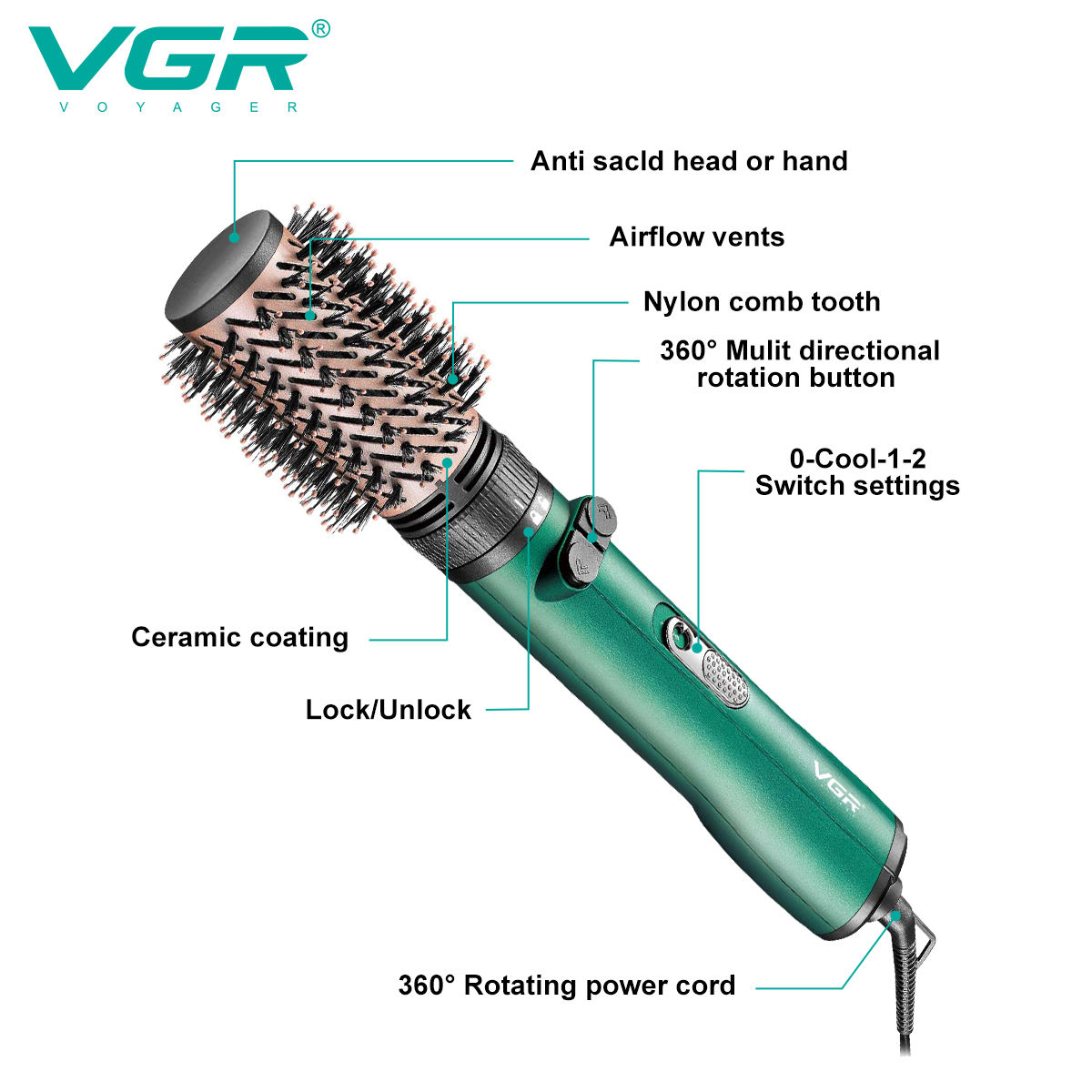 فرشاة مجفف شعر VGR V-498 الأيونية - 3 في 1 لتجفيف وتمليس وتجعيد الشعر، بطلاء سيراميك وسلك دوار 360 درجة، للرجال والنساء
