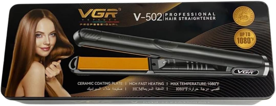 مكواة فرد شعر VGR V-502 الاحترافية - سيراميك رطبة وجافة بتقنية الأشعة تحت الحمراء، تحكم رقمي 1080°F، تصميم مضاد للحروق، مثالية للسفر، لون أسود/فضي