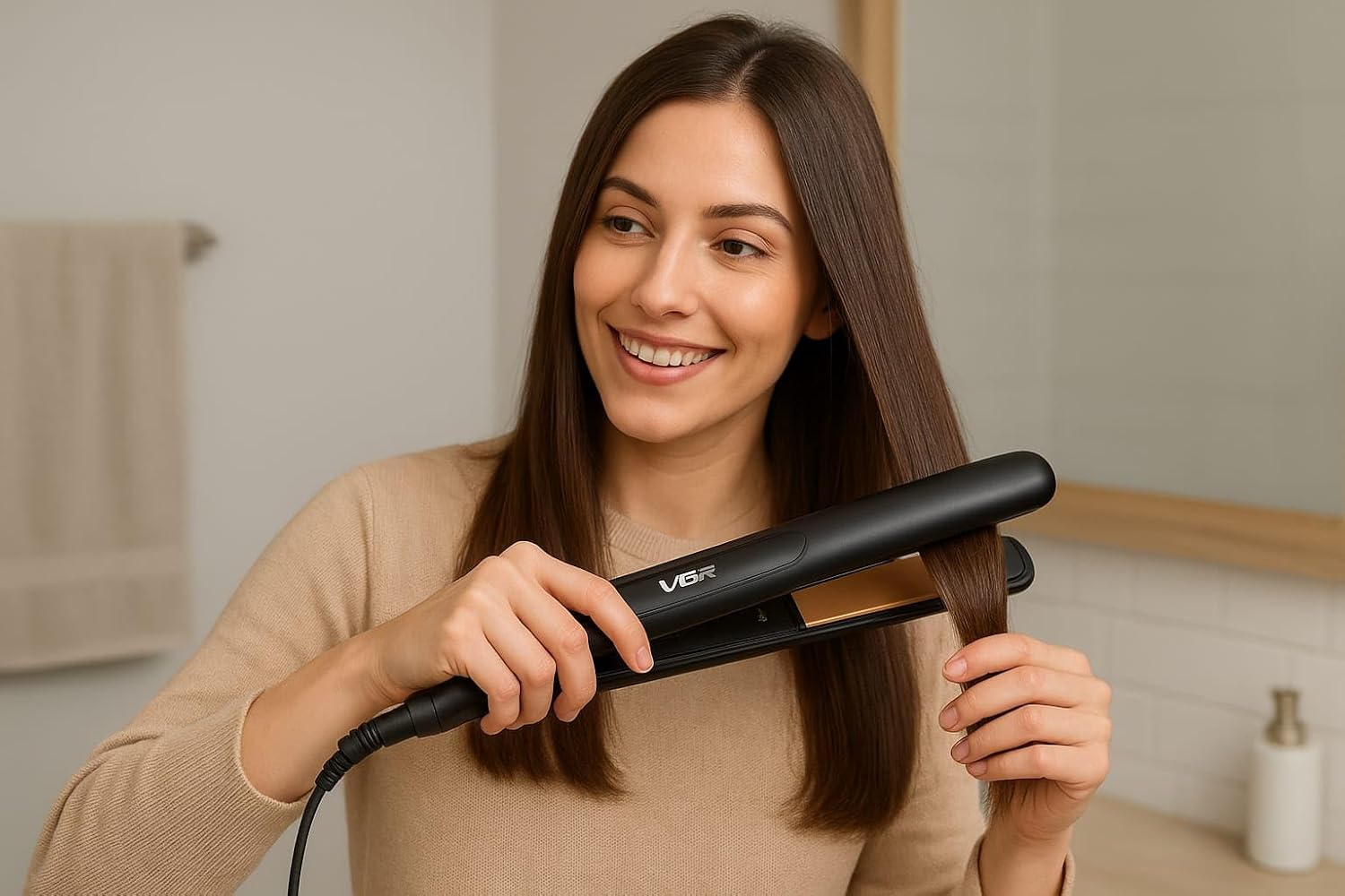 VGR V-501 Professional Hair Straightening Iron - Ceramic, Ultra-Fast Heating 1080°F, Digital Heat Control, Elegant Design with Luxurious Leather Pouch