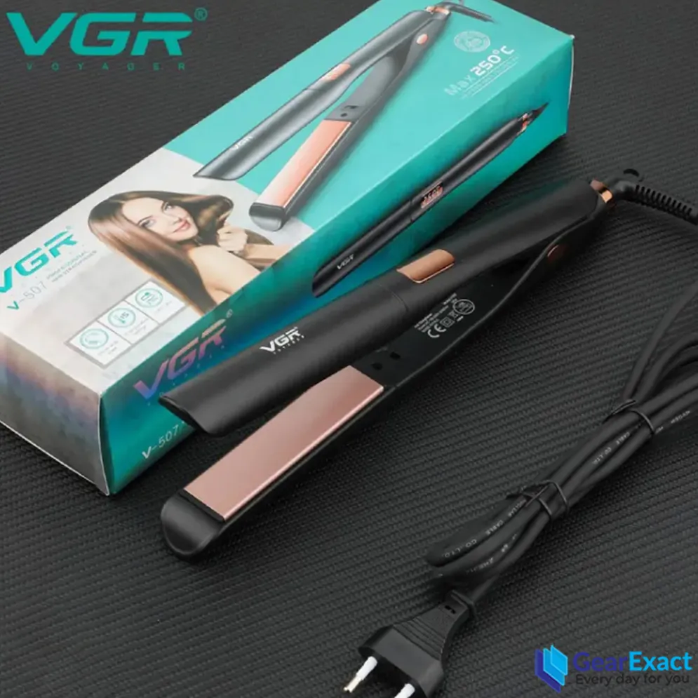 مكواة فرد الشعر VGR V-507 الاحترافية - بألواح سيراميك عريضة 38 مم، تسخين فوري 250°م، شاشة ديجيتال، جهد عالمي، تصميم أنيق للسفر والاستخدام اليومي، لون أسود/فضي