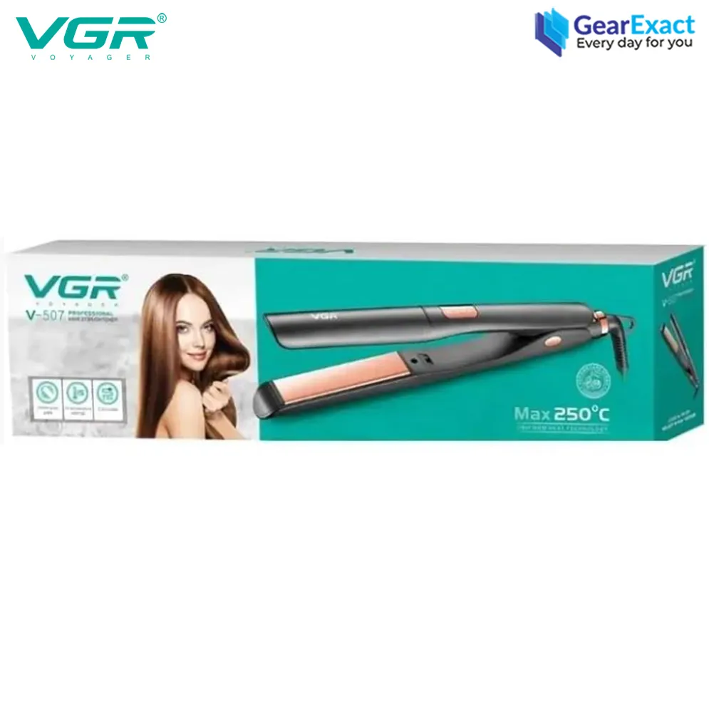 VGR V-507 Professional Hair Straightener - With Wide 38mm Ceramic Plates, Instant Heating 250°C, Digital Screen, Universal Voltage, Elegant Design for Travel and Daily Use, Black/Silver Color