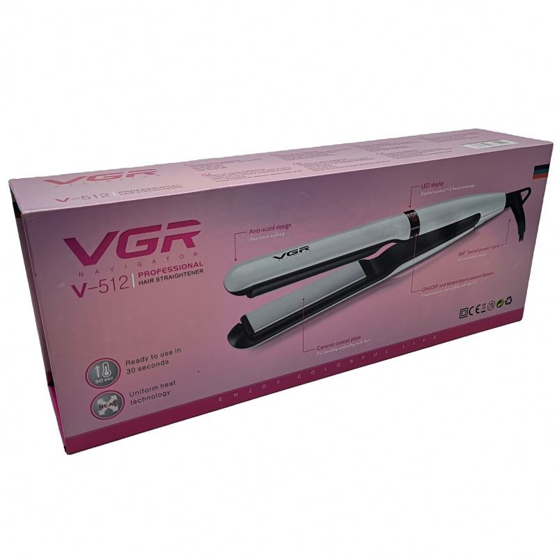 مكواة فرد شعر VGR V-512 الاحترافية - سيراميك بدرجات حرارة متغيرة 140°-220°م، تسخين فوري، تصميم خفيف بسلك دوار 360°