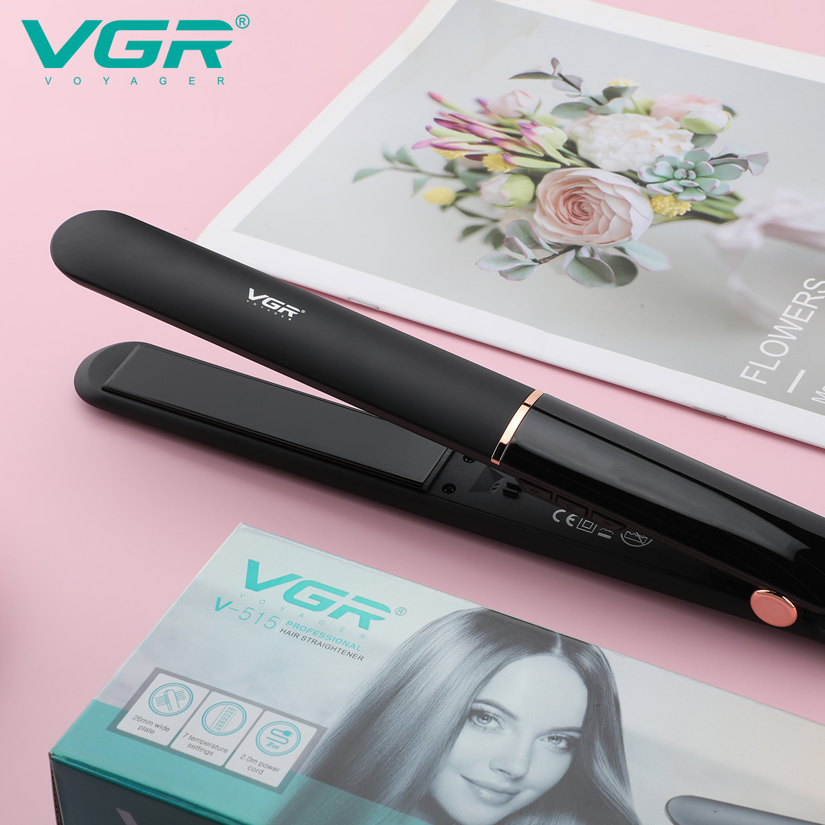 مكواة فرد الشعر VGR V-515 الاحترافية - سيراميك، 7 إعدادات حرارة حتى 450°F، شاشة LED، قفل أمان، سلك دوار 360°، تصميم مقاوم للحروق