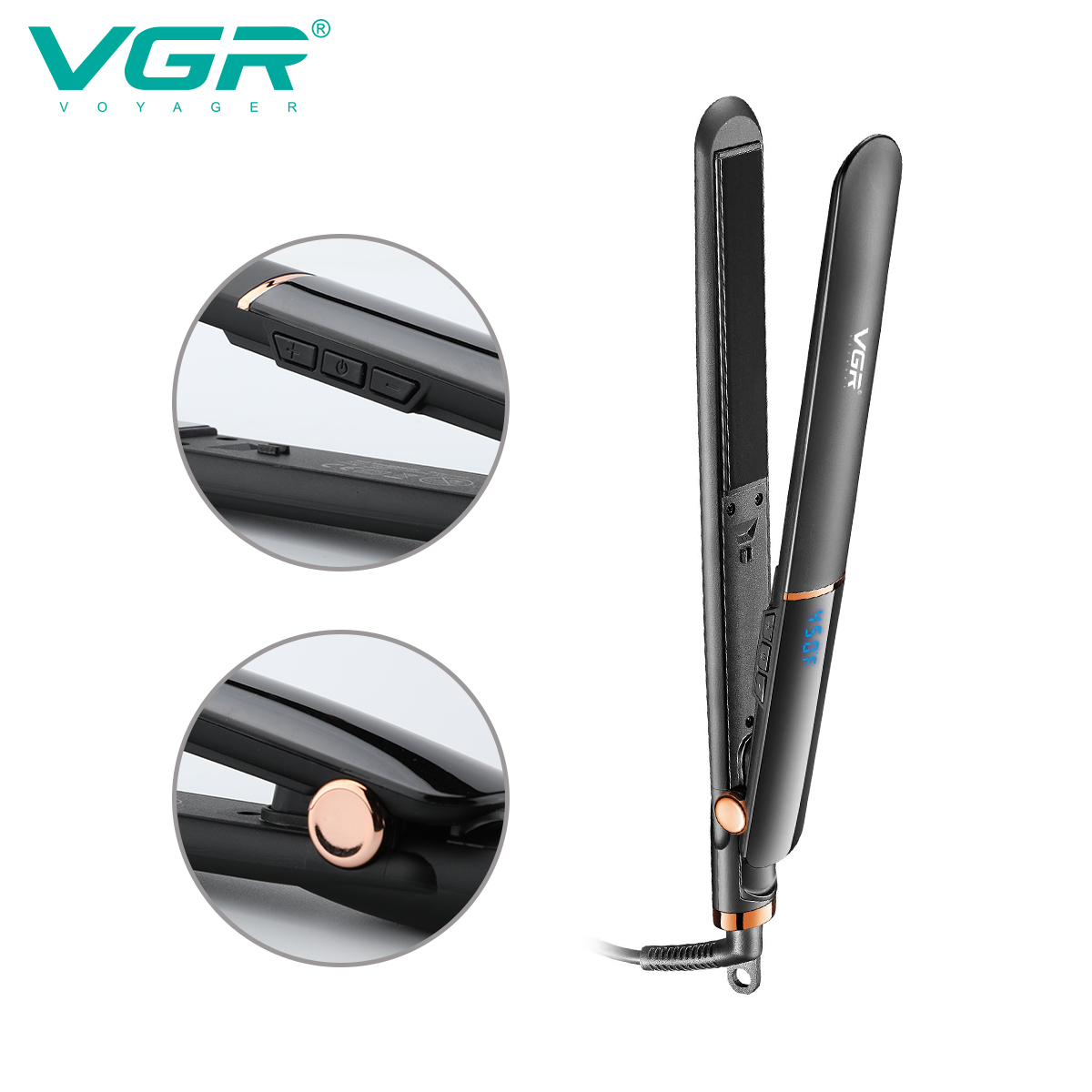 مكواة فرد الشعر VGR V-515 الاحترافية - سيراميك، 7 إعدادات حرارة حتى 450°F، شاشة LED، قفل أمان، سلك دوار 360°، تصميم مقاوم للحروق