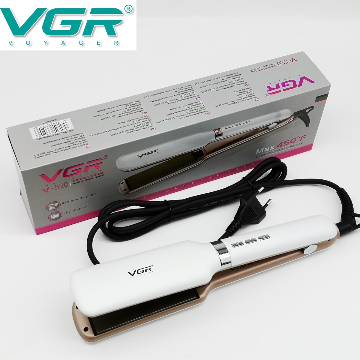 VGR V-520 Professional Hair Straightener - with 42 mm Tourmaline Ceramic Plates, Instant Heating 30 seconds, 45 watts, Comfortable Design for All Hair Types