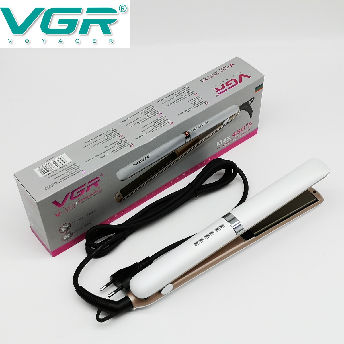 VGR V-522 Professional Hair Straightener - with Tourmaline Ceramic Plates (10.3x2.5 cm), Adjustable Heat Settings 300-450°F, LED Display, 360° Rotating Cord, Elegant White Design