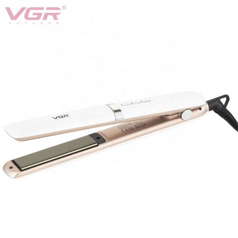 مكواة فرد الشعر VGR V-522 الاحترافية - بألواح سيراميك تورمالين (10.3x2.5 سم)، درجات حرارة قابلة للتعديل 300-450°F، شاشة LED، سلك دوار 360°، تصميم أبيض أنيق