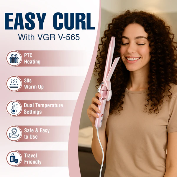مكواة تجعيد الشعر VGR V-565 الاحترافية - بقطر 25 مم، حرارة قابلة للتعديل 160-210°C، تسخين فائق السرعة، تصميم آمن وخفيف الوزن