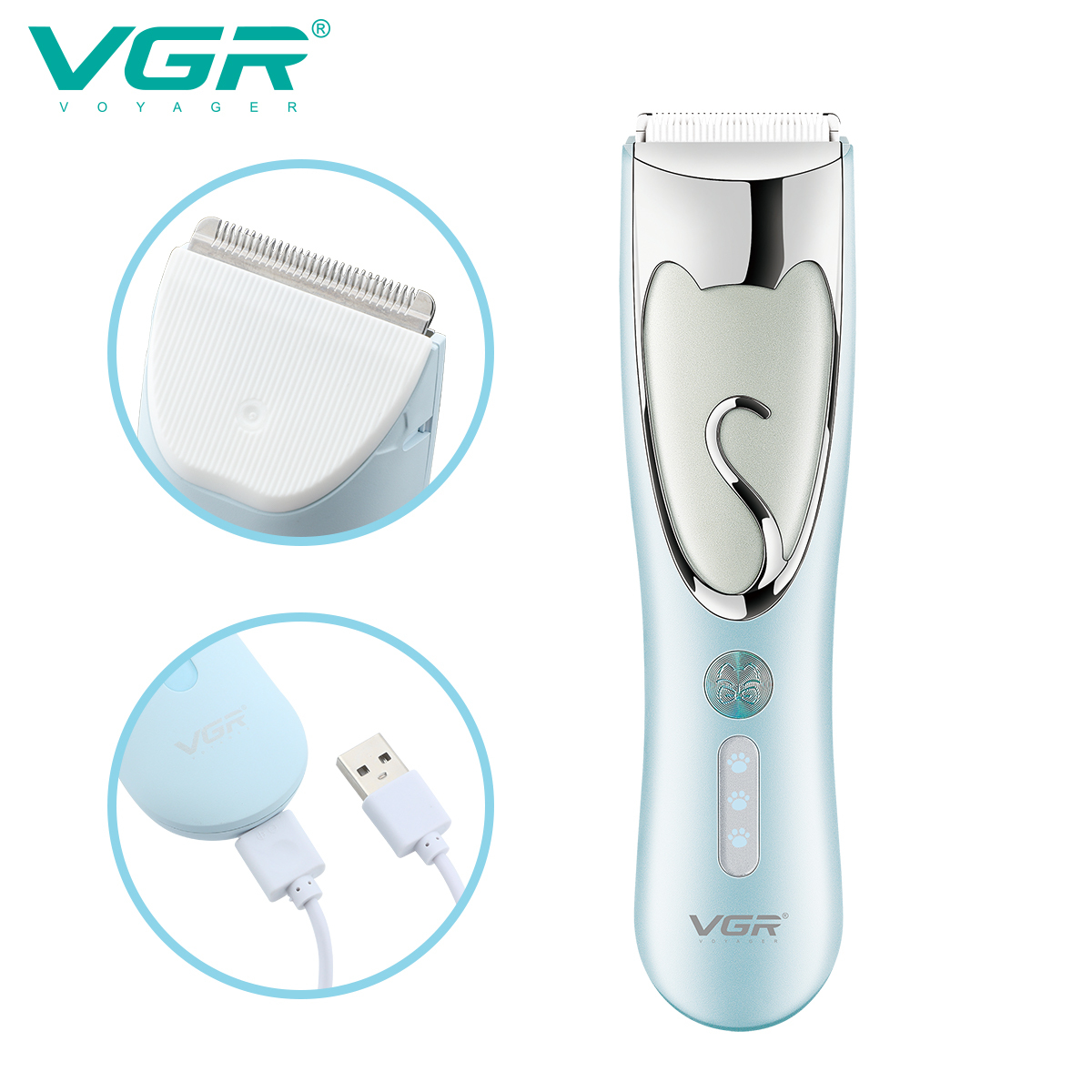VGR-203 Pet Grooming Clipper - Cordless/Corded, Stainless Steel Blades, Quiet Motor, 1200 mAh Battery, Lightweight Design