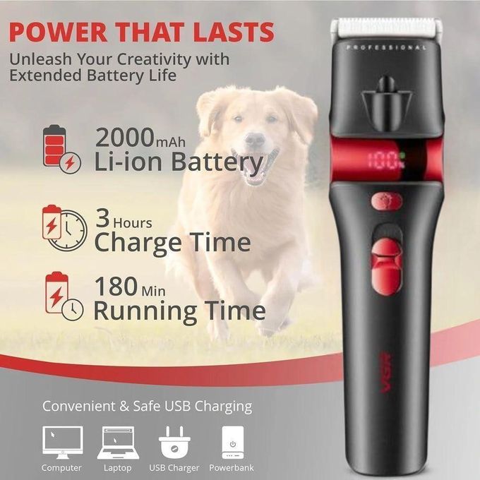VGR-225 Professional Pet Grooming Clipper - Cordless/Corded, Ceramic and Steel Blades, Ultra-Quiet Motor, 150-Minute Battery, IPX6 Water-Resistant