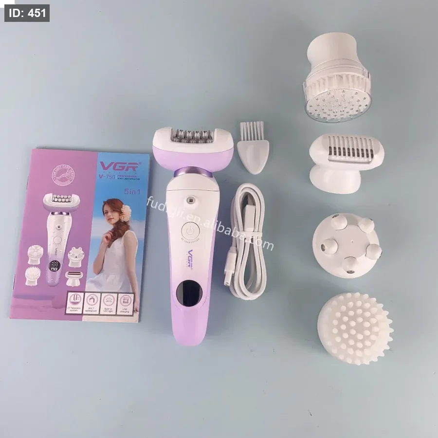 جهاز إزالة شعر VGR V-750 النسائي 5 في 1 - مقاوم للماء، رؤوس متعددة للوجه والجسم، سهل الاستخدام والتنظيف، شحن USB