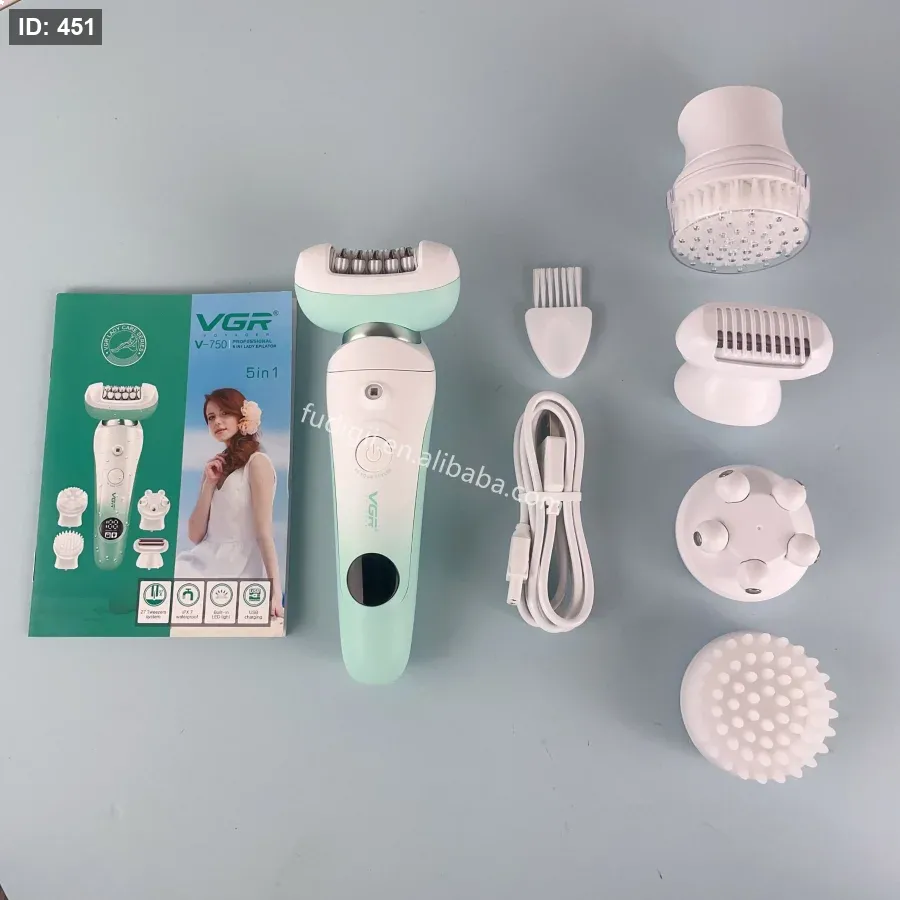 VGR V-750 5-in-1 Women's Hair Removal Device - Waterproof, Multiple Heads for Face and Body, Easy to Use and Clean, USB Charging
